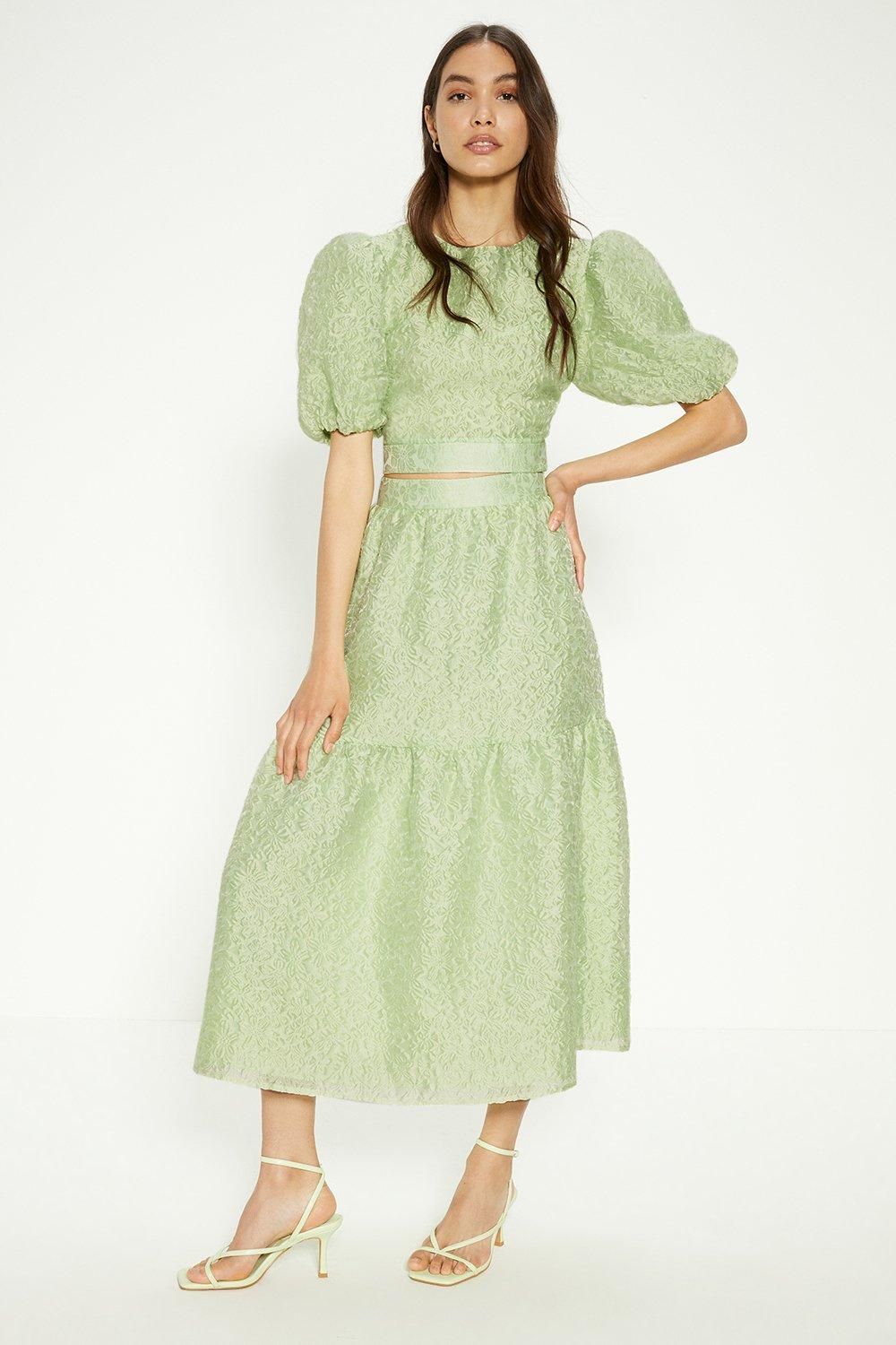 Oasis Jacquard Tiered Midi Skirt Green image 1