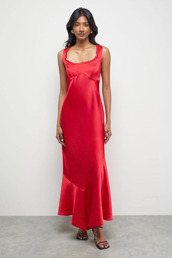 Warehouse Premium Viscose Satin Raw Edge Asymmetric Midi Slip Dress Red