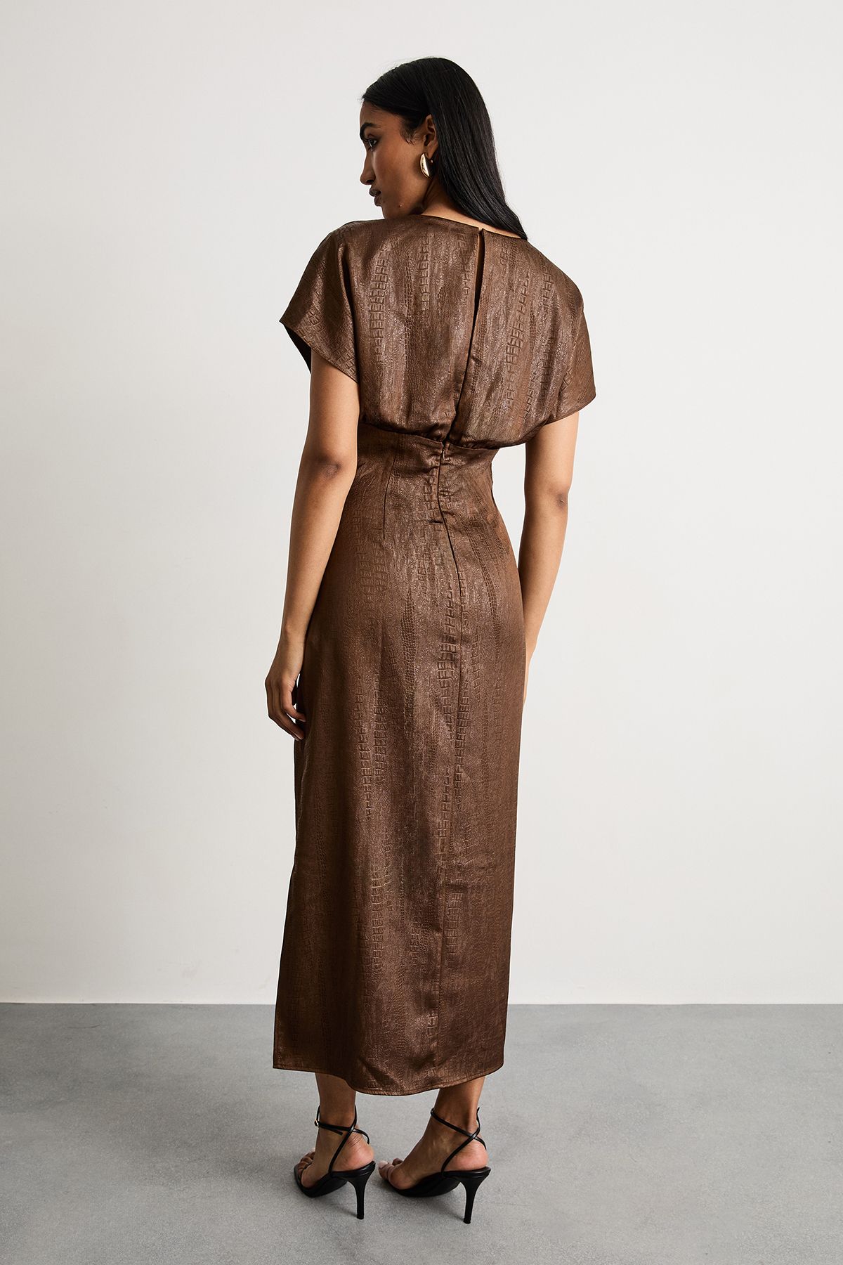 Warehouse Leather Look Satin Twist Front Detail Midi Dress Chocolate image 3