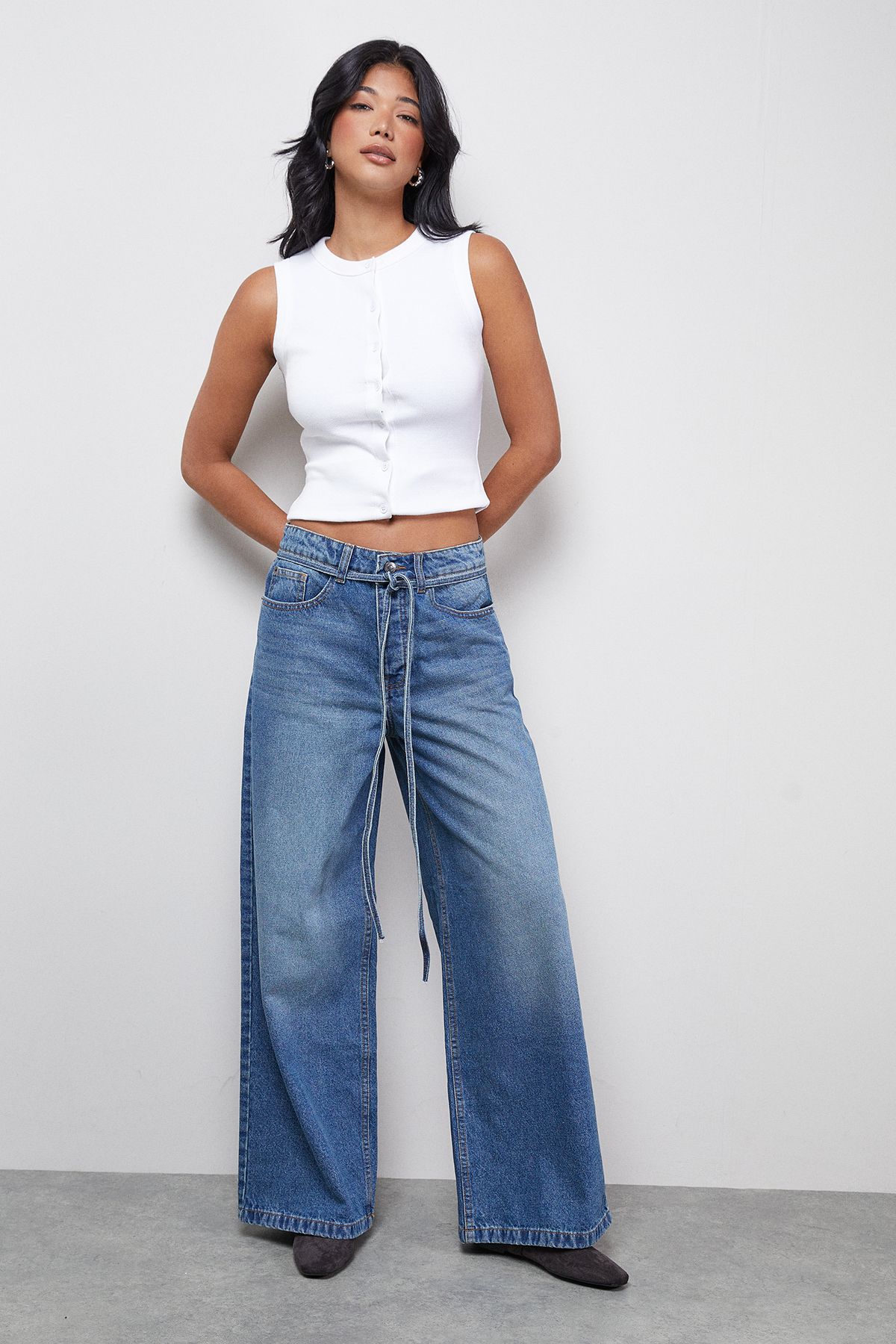 Warehouse Tie Waist Wide Leg Denim Jean Vintage Wash image 2