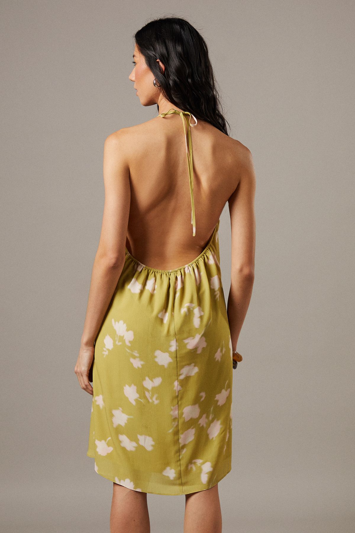 Warehouse Chiffon Halter Mini Sundress Olive image 3