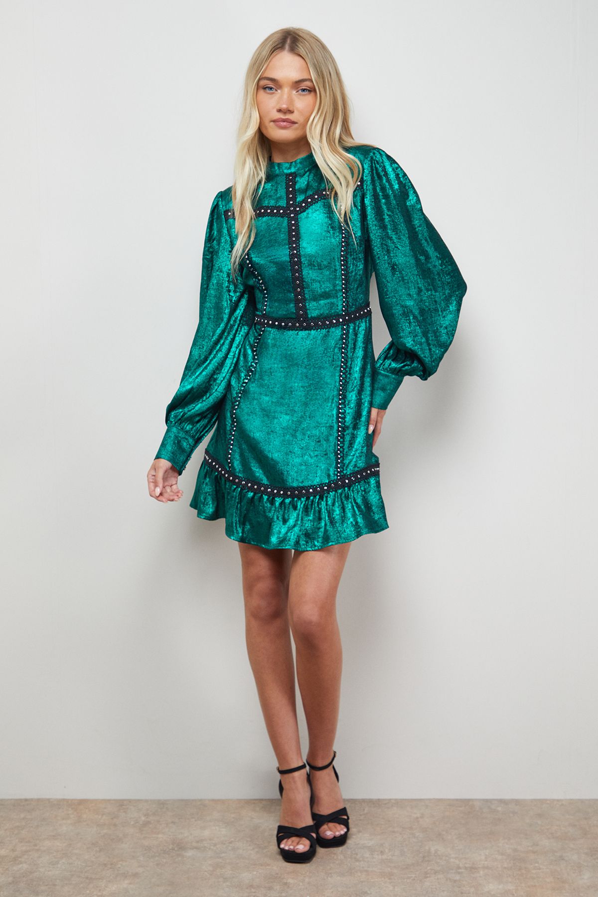 Oasis Stud Trim Long Sleeve High Neck Mini Dress Forest image 2