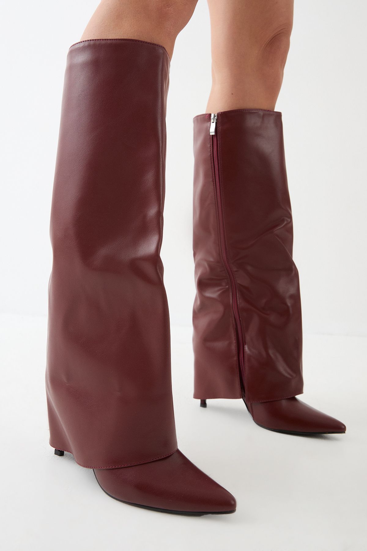 MissPap Faux Leather Foldover High Stiletto Knee High Boots Wine image 1