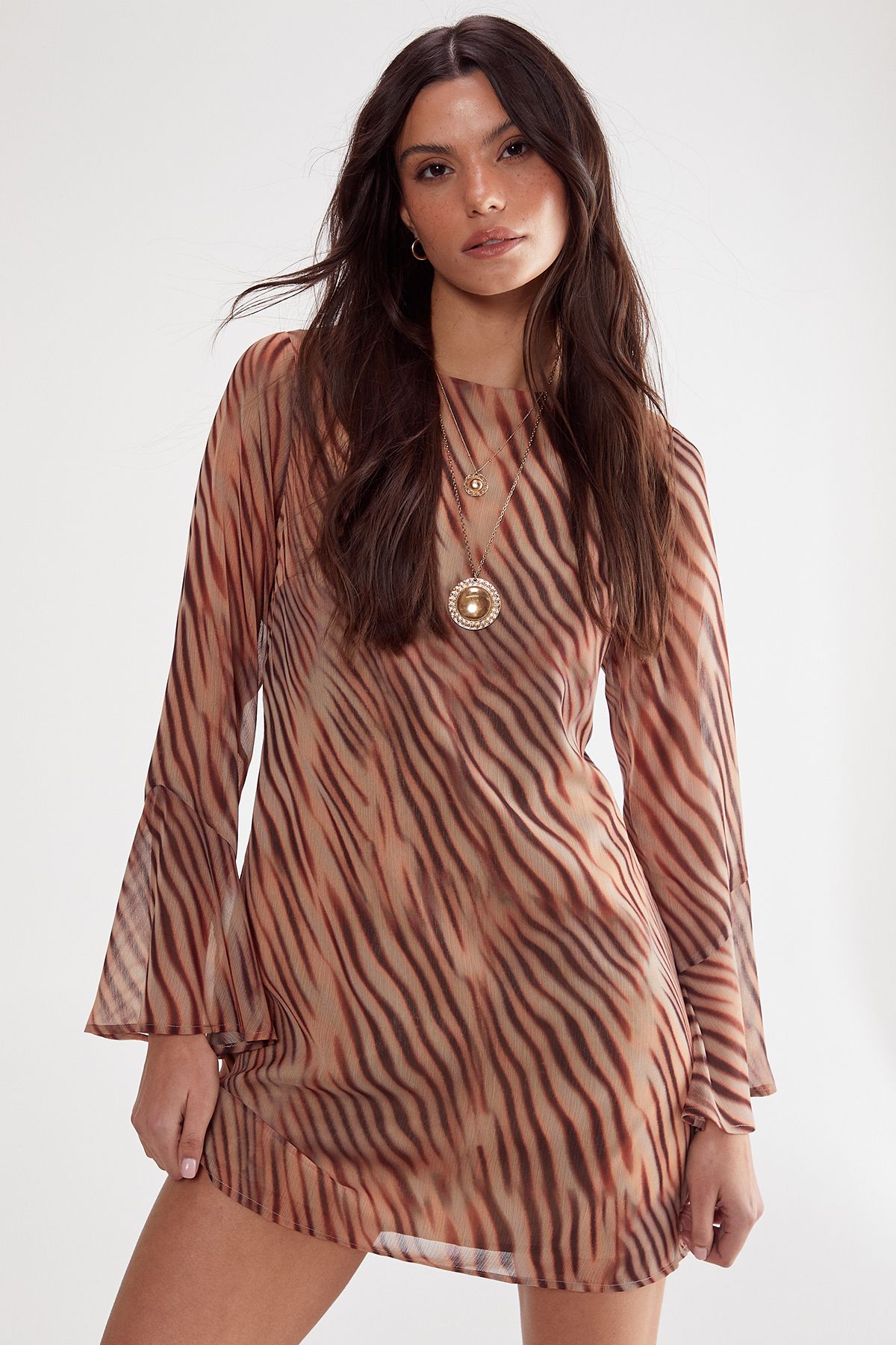 NastyGal Chiffon Blurred Zebra Fluted Sleeve Tunic Dress Orange image 1