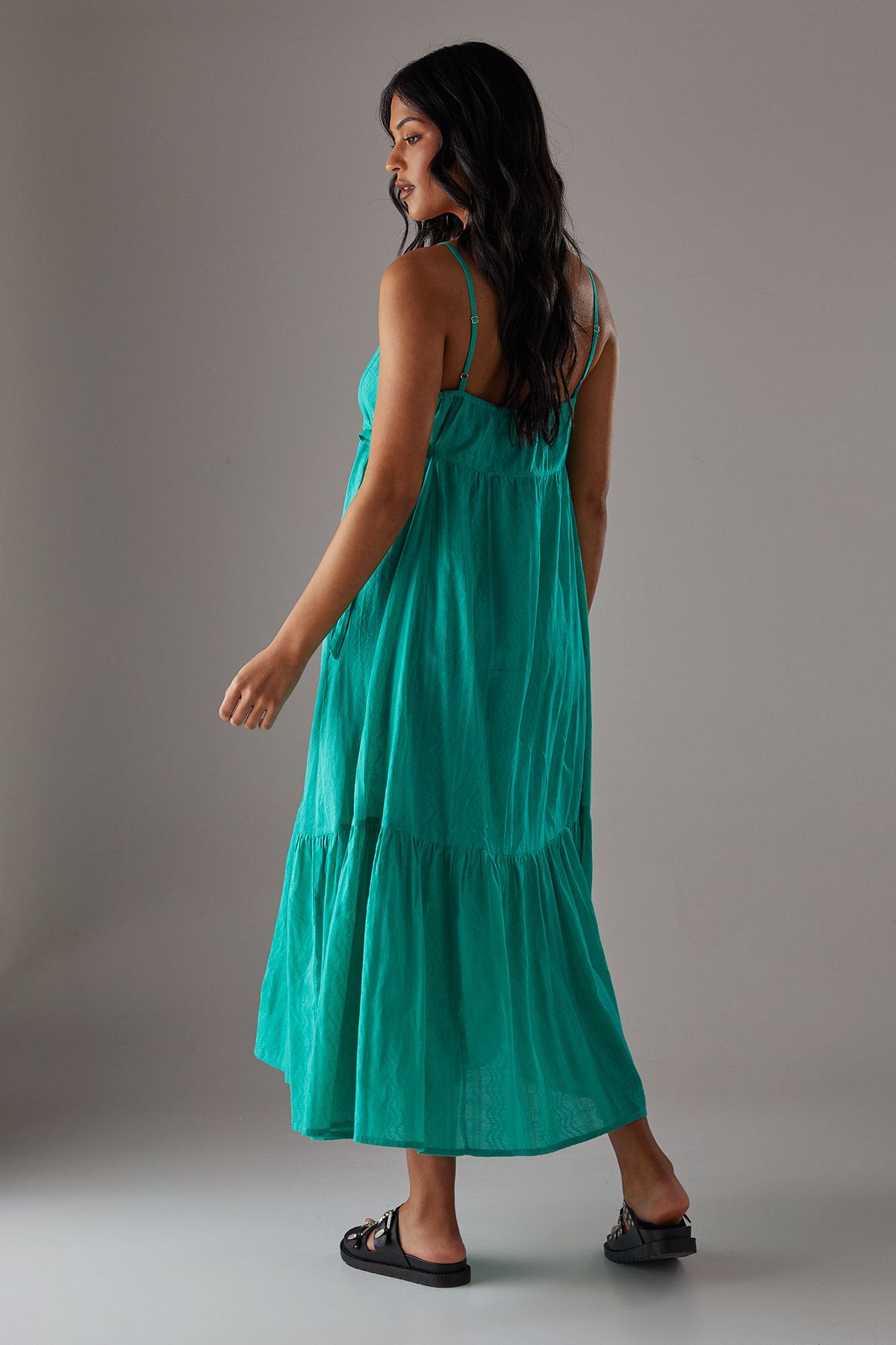 Warehouse Cotton Dobby Strappy Tie Waist Midi Sundress Green image 4