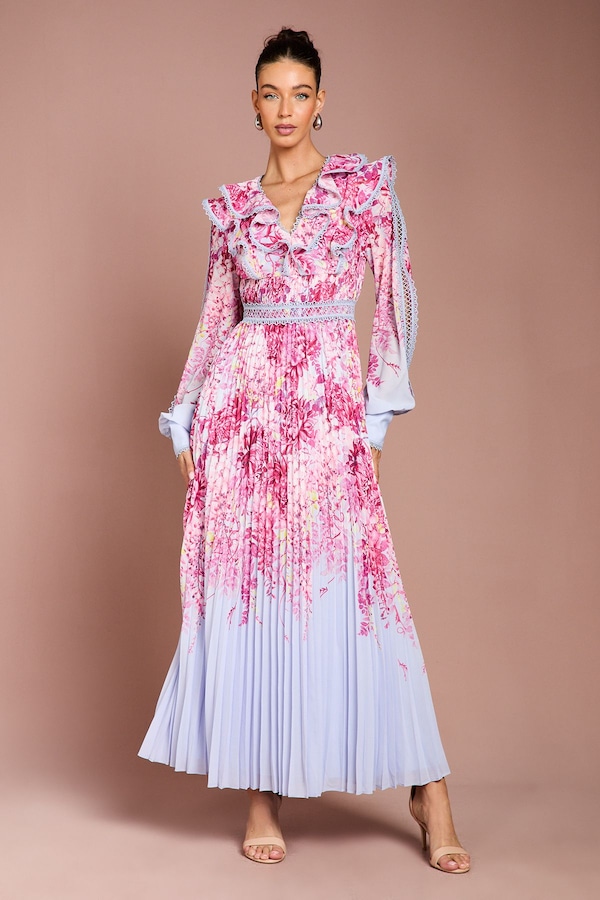 Coast Placement Print Lace Trim Pleated Maxi Dress Blue