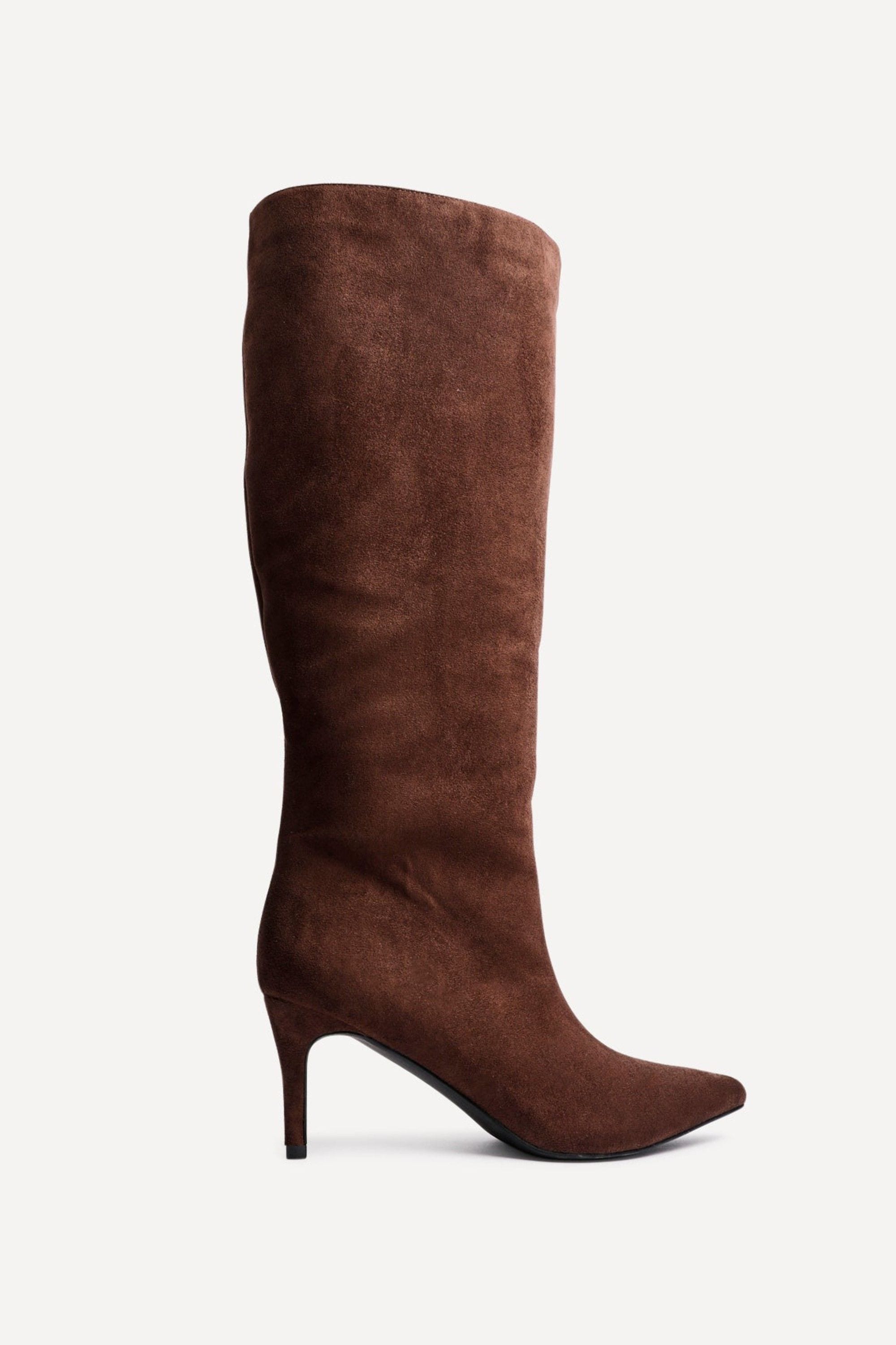 Linzi Onyx Brown Faux Suede Pointed Toe High Leg Heeled Boots