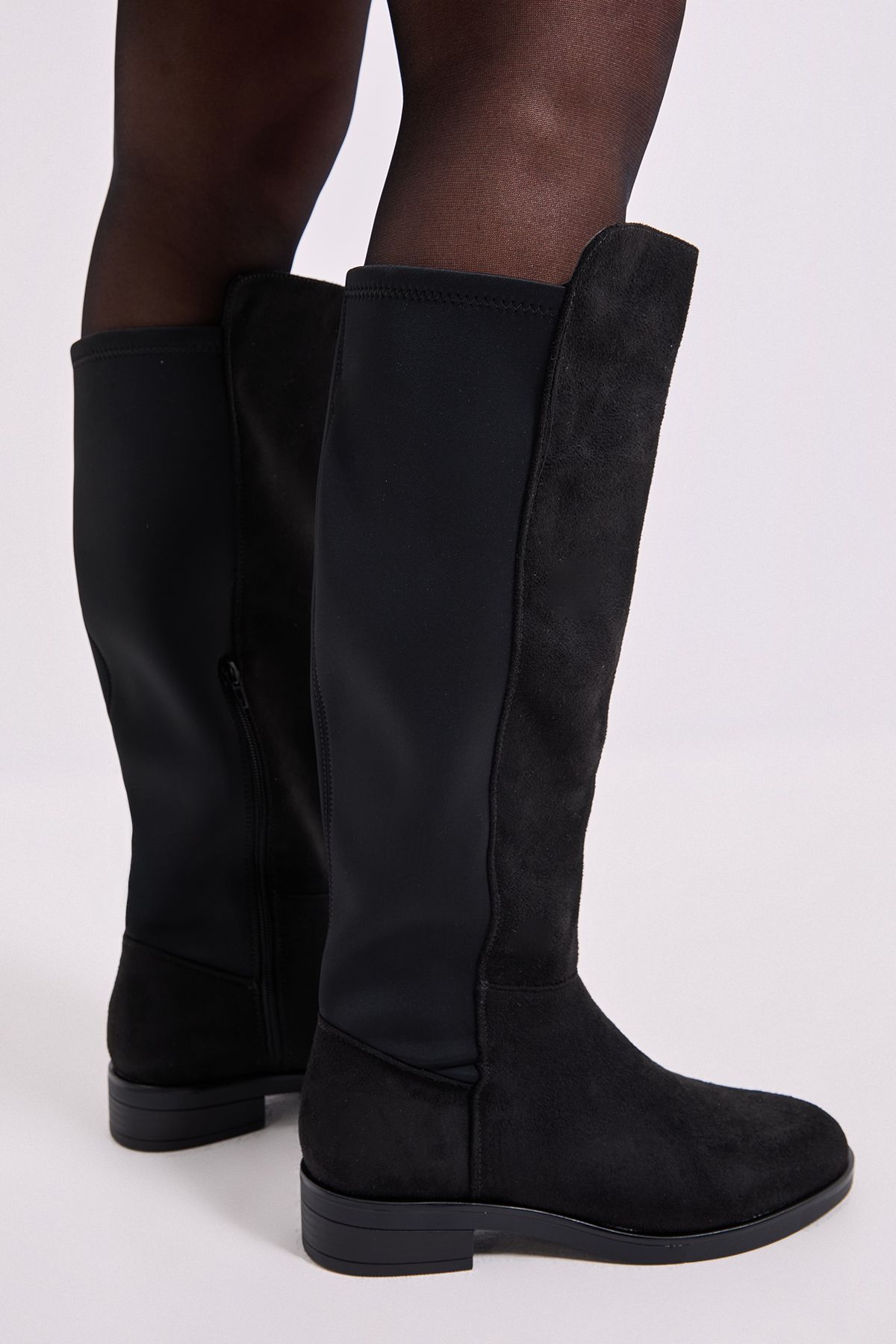 Dorothy Perkins Megan Faux Suede Stretch Back Flat Riding Boot Natural Black image 4