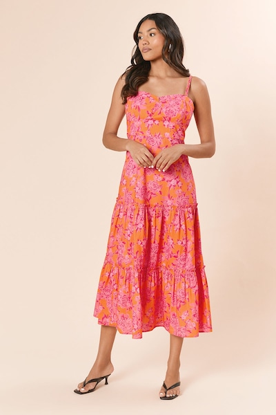 Dorothy Perkins Orange Floral Twist Detail Strappy Tiered Midi Dress Orange