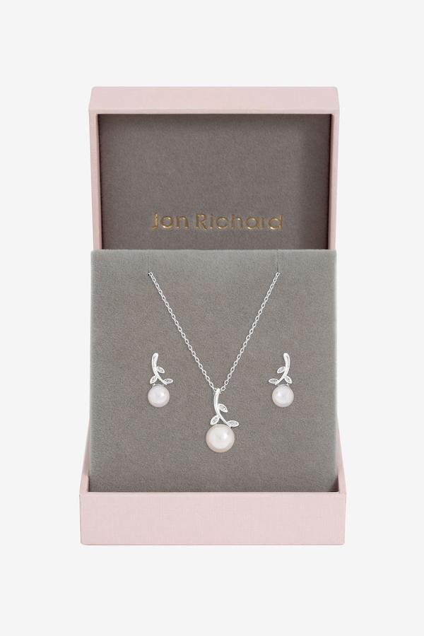 Jon Richard Rhodium Plated Crystal Leaf and Pearl Drop Set - Gift Box