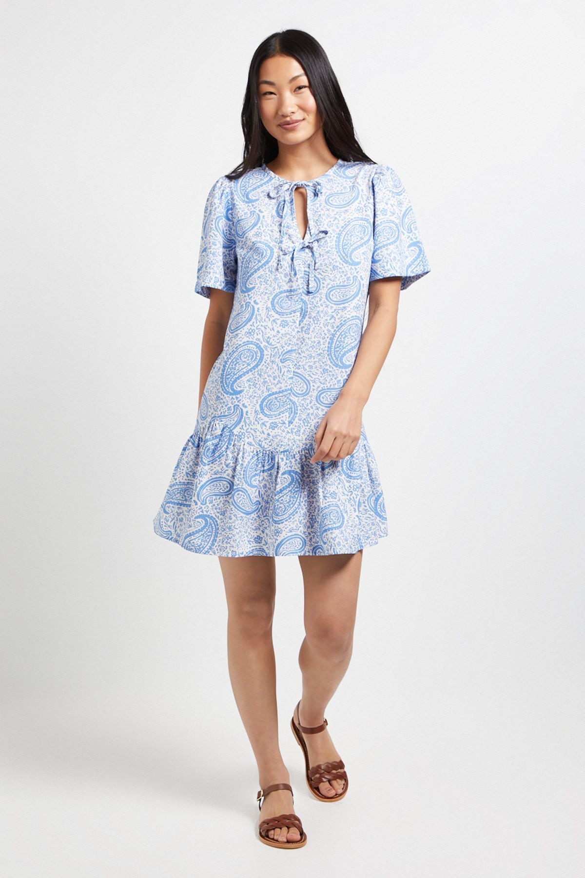 Dorothy Perkins Petite Paisley Tie Detail Drop Hem Printed Mini Dress Blue