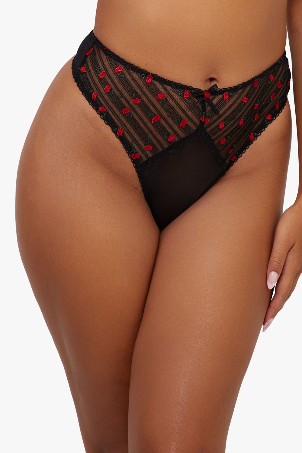 Playful Promises Elodie Black And Red Rosebud Embroidery Hw Thong