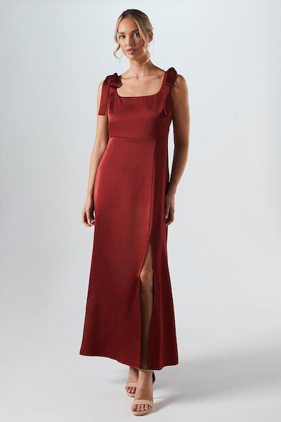 Oasis Satin Tie Shoulder Midi Bridesmaid Dress Burnt Orange