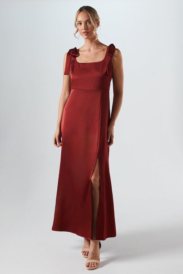 Oasis Satin Tie Shoulder Midi Bridesmaid Dress Burnt Orange