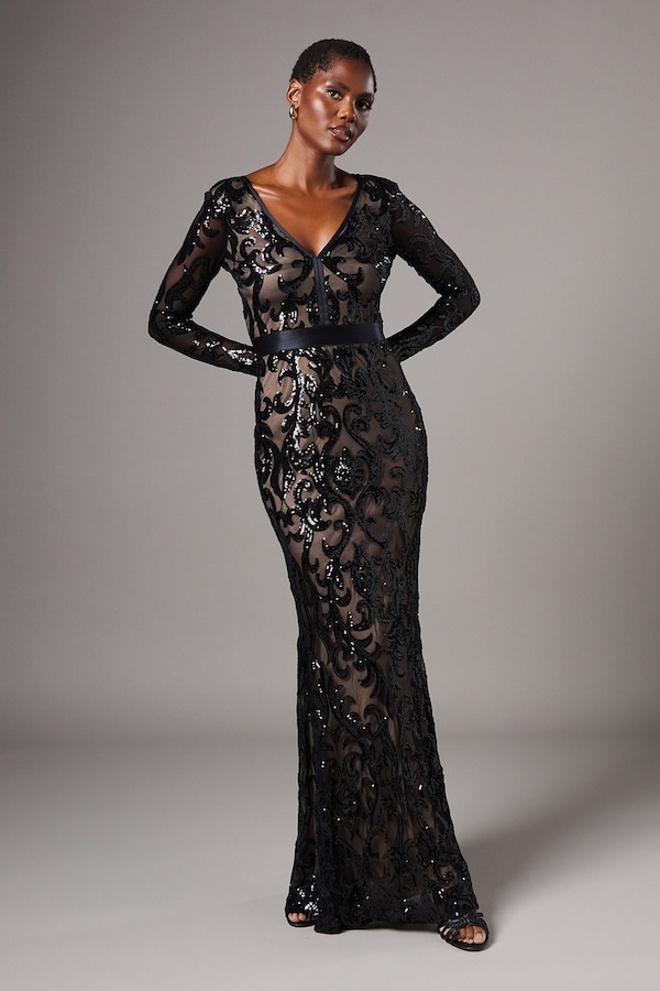 Coast Long Sleeve Sequin Maxi Dress Black