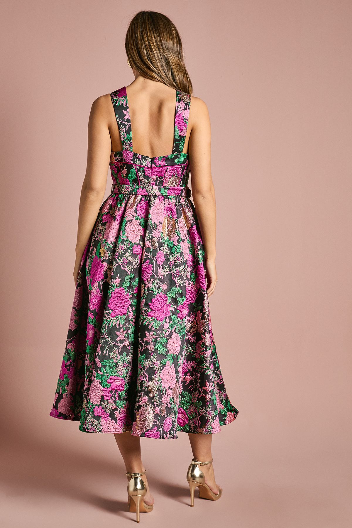 Coast Corset Bodice Full Skirted Jacquard Midi Dress Pink image 3