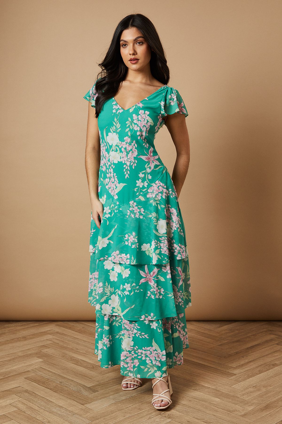 Oasis Floral Printed Chiffon Ruffle Tiered Maxi Dress Green image 1