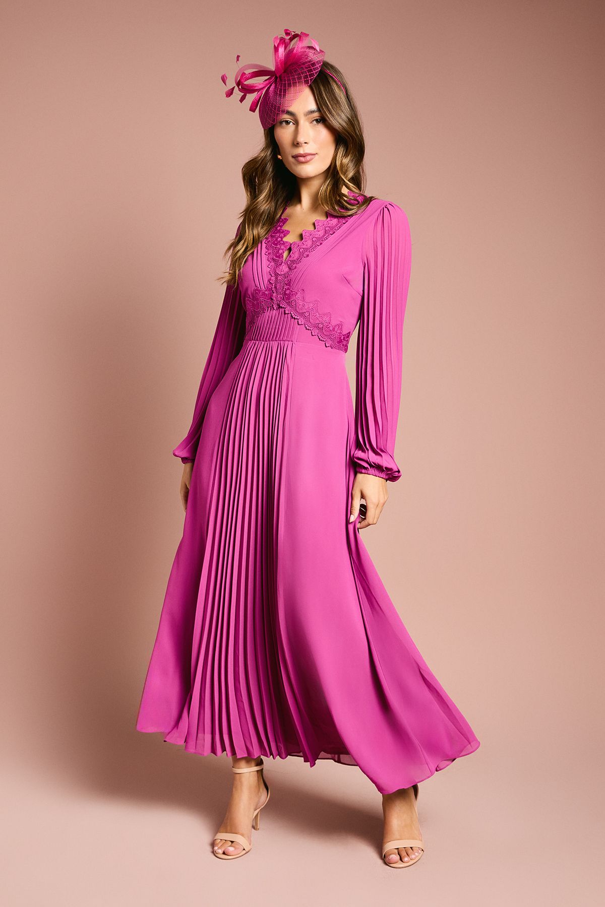 Coast Pleat Detail Lace Trim Maxi Dress Berry image 1