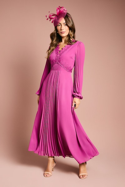 Coast Pleat Detail Lace Trim Maxi Dress Berry