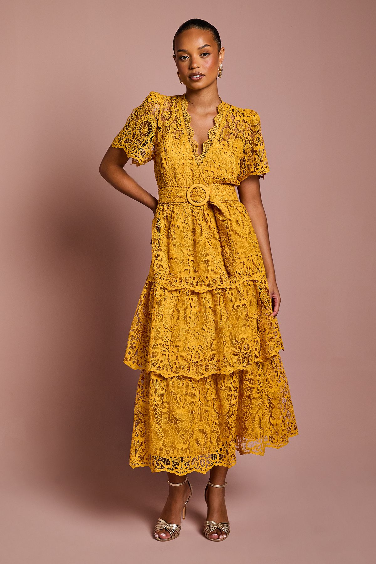 Coast Petite Short Sleeve V Neck Tiered Lace Midi Dress Gold