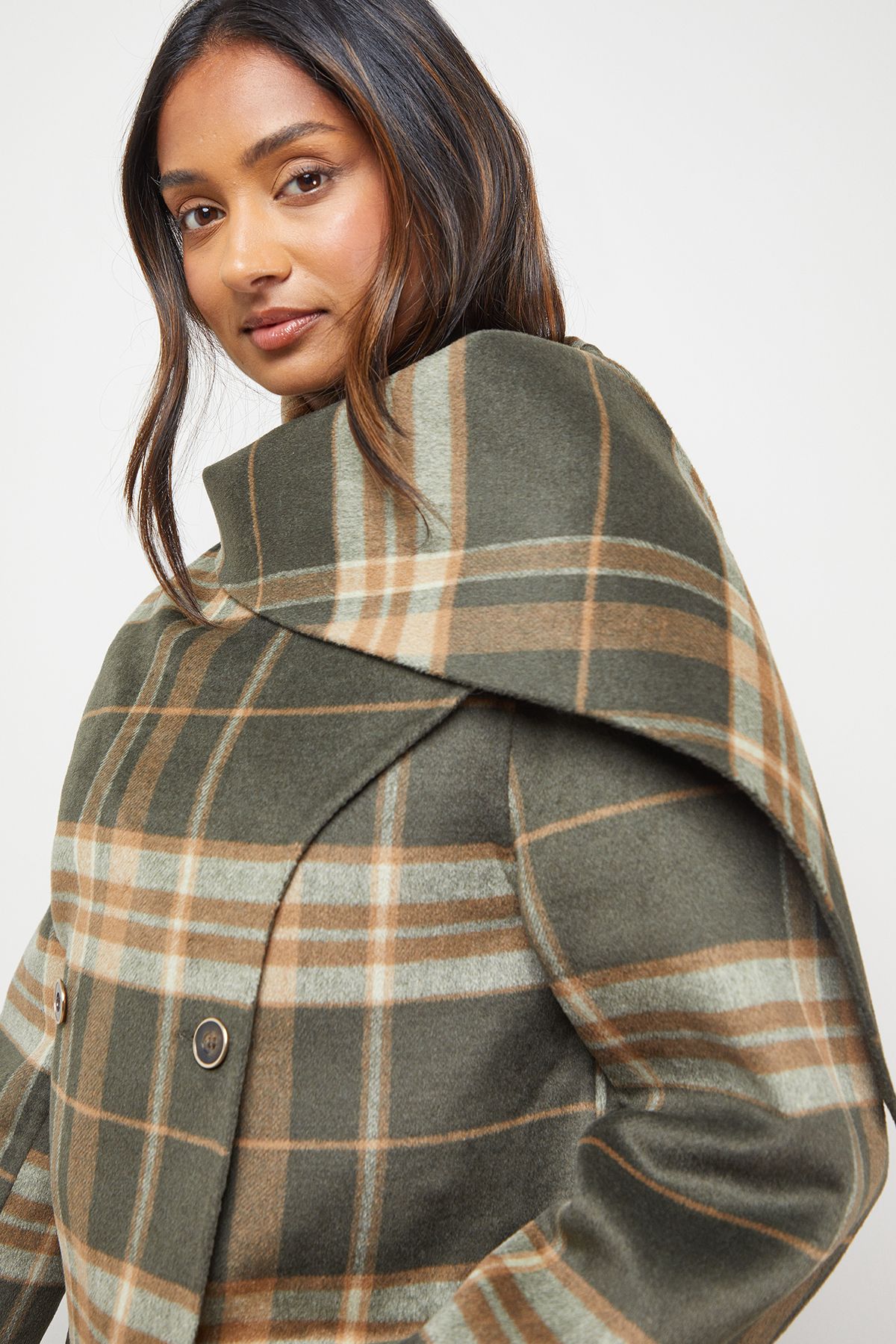 Oasis Check Scarf Longline Jacket Coat Taupe image 1