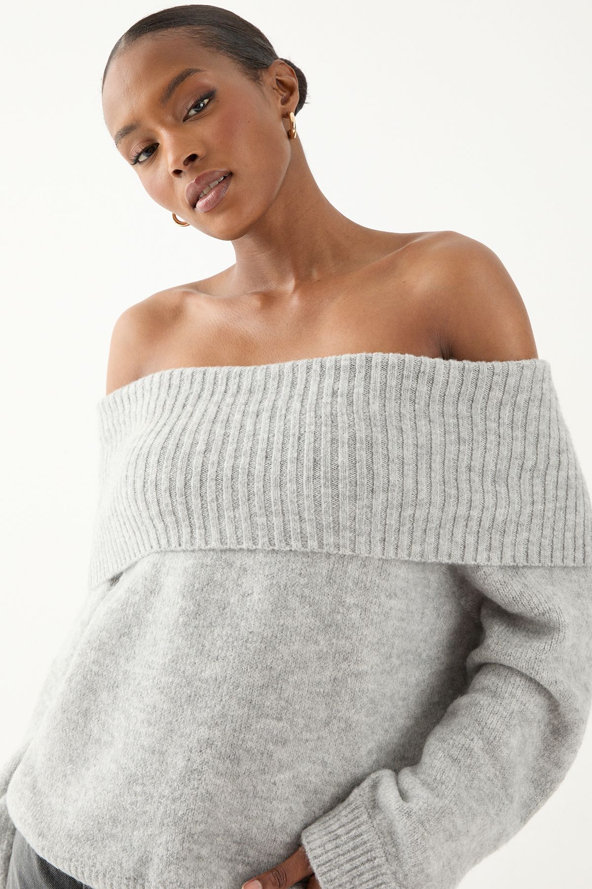 MissPap Premium Knit Bardot Foldover Jumper Grey image 3