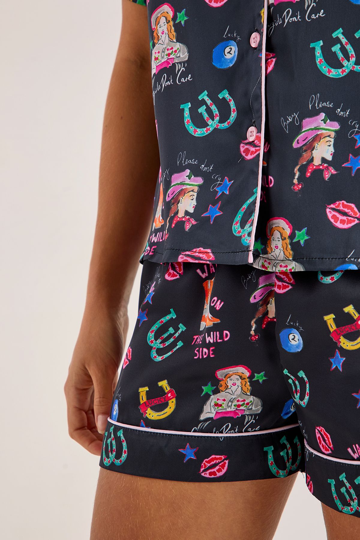 NastyGal Satin Western Conversational Contrast Piped Pajama Shorts Set Black image 3