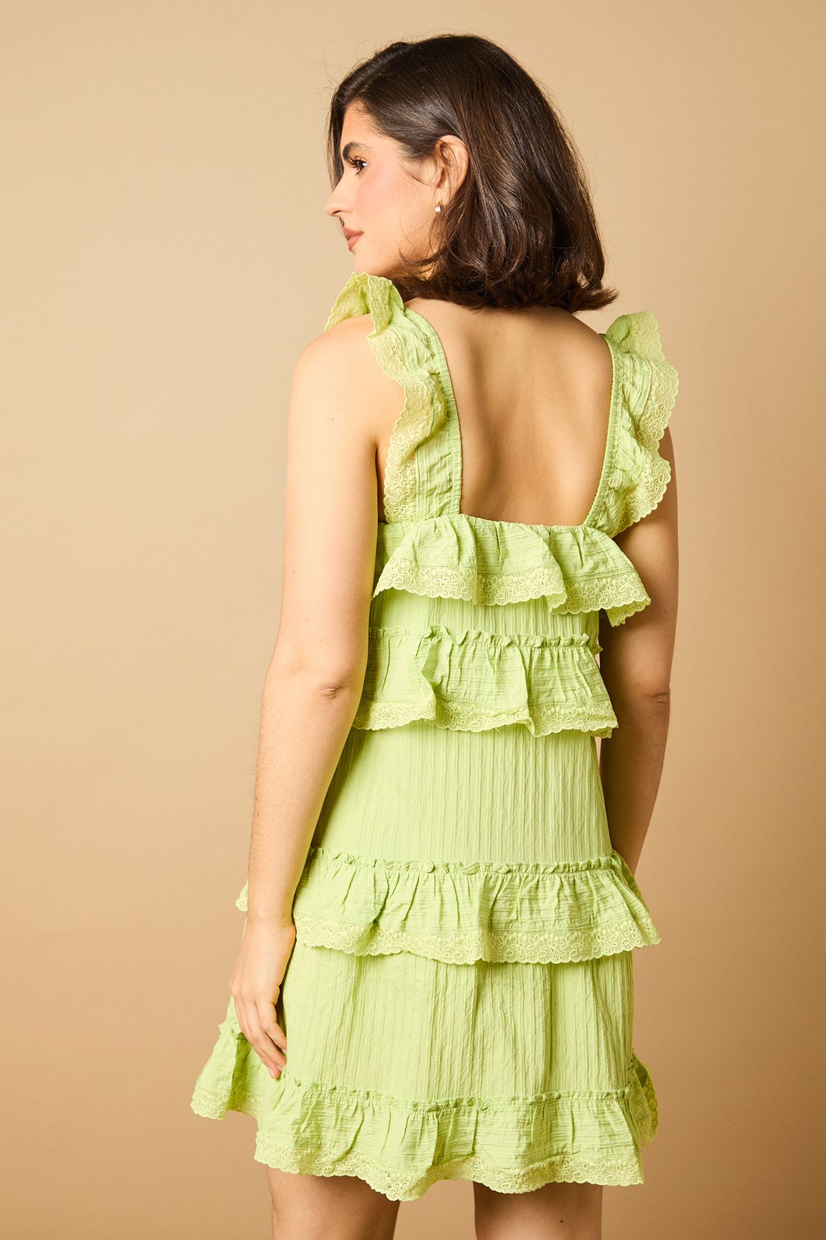 Oasis Broderie Tiered Detail Strappy Mini Dress Sage image 3