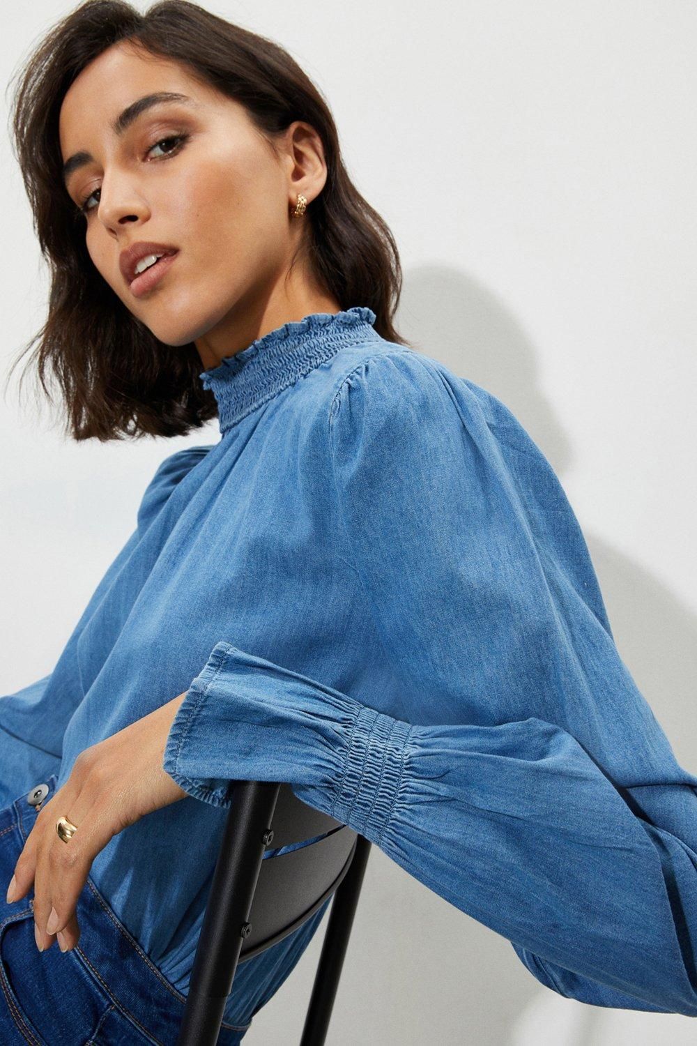 Dorothy Perkins Tall Long Sleeve Shirred Neck Top Mid Wash