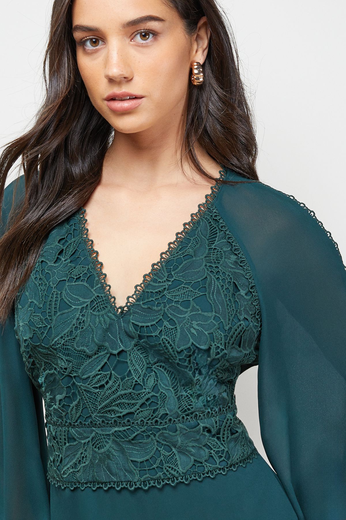 Oasis Lace Front Balloon Sleeve Midi Dress Green image 2