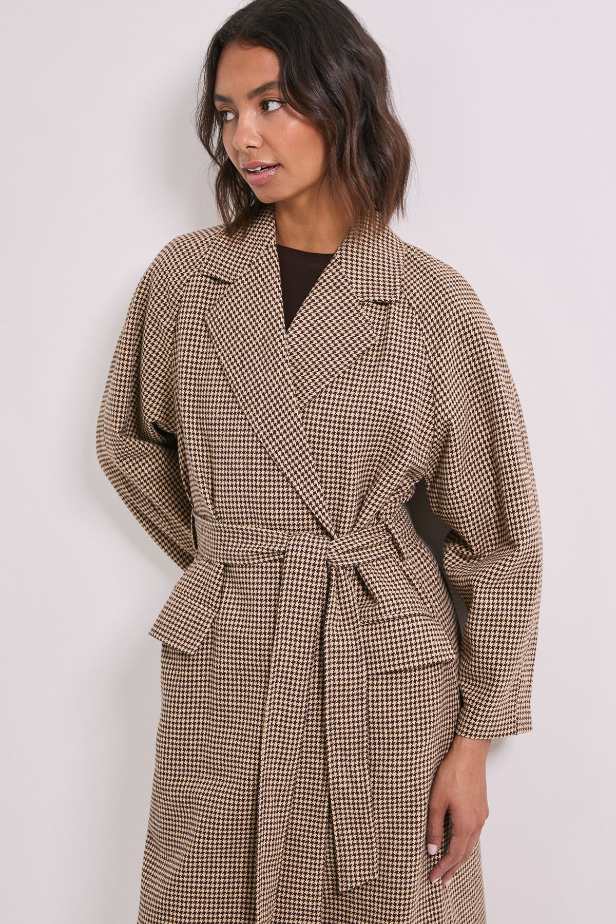 Dorothy Perkins Dogtooth Midi Blazer Coat Chocolate image 2