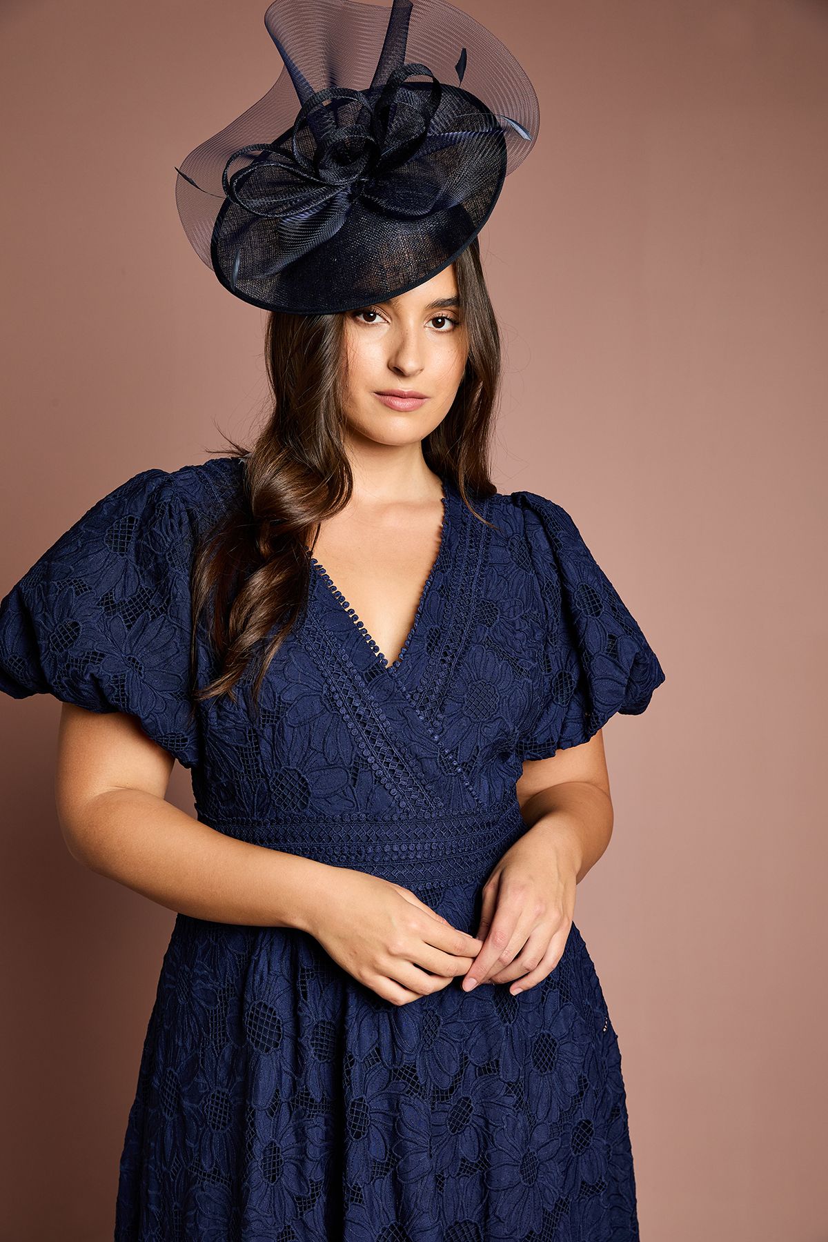Coast Plus Lace Midi Dress With Puff Sleeve Navy image 2