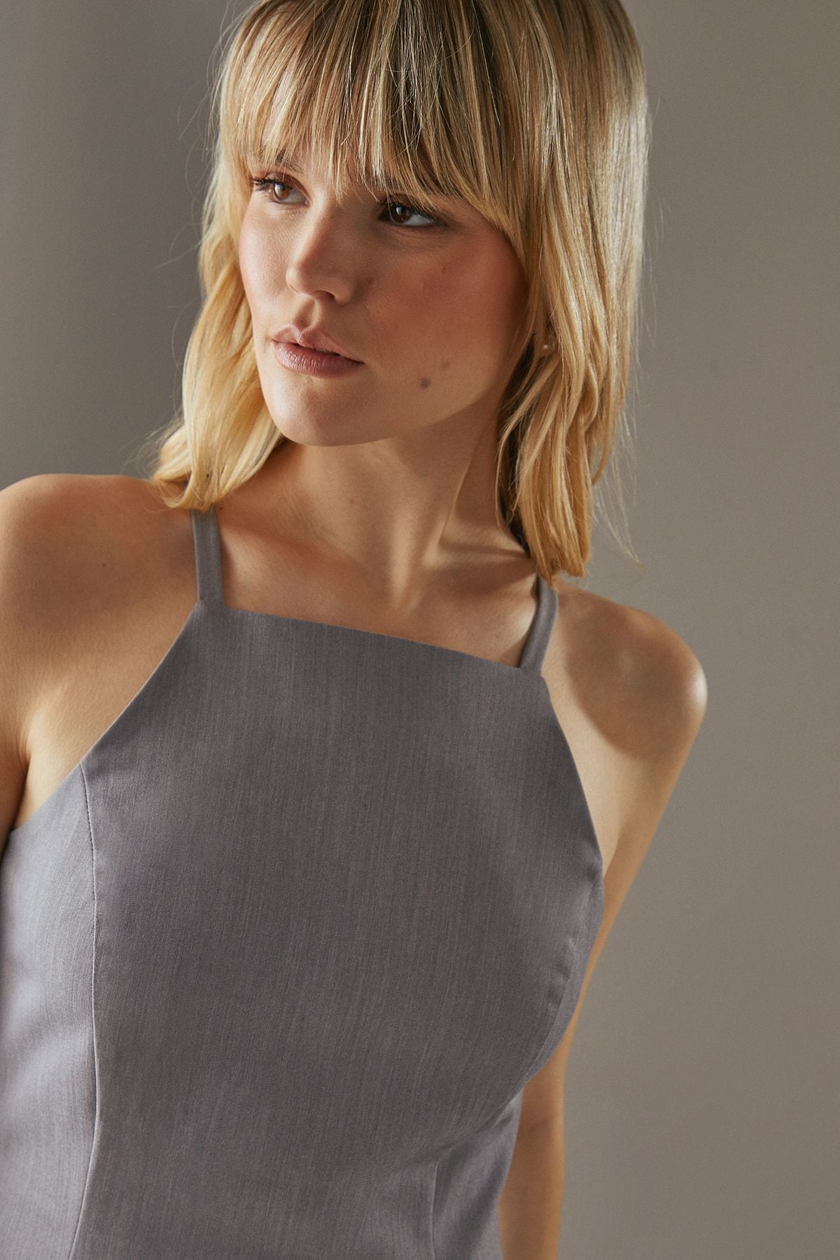 Warehouse Tailored High Neck Mini Dress With Drop Hem Light Grey image 4