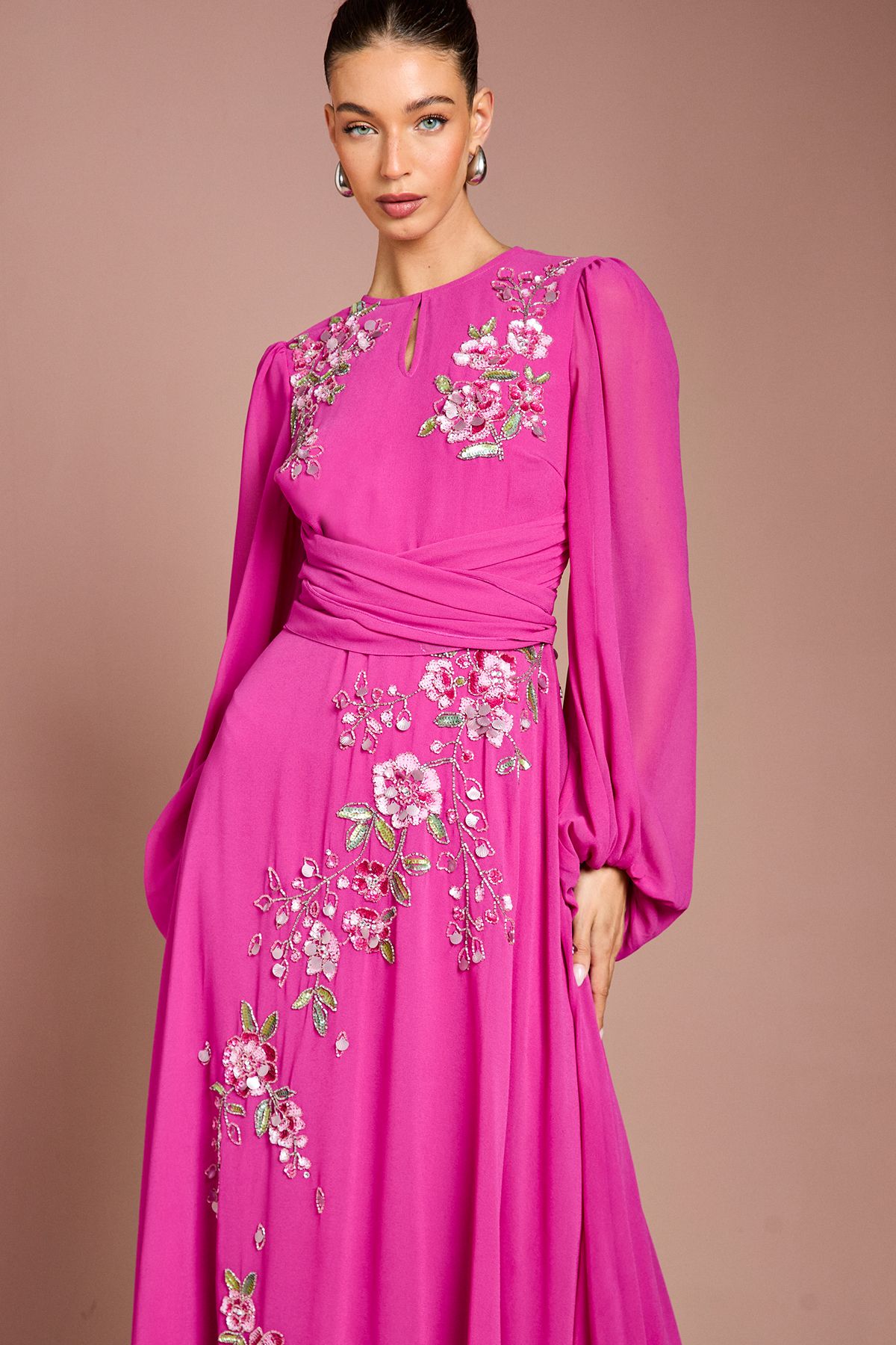 Coast Long Sleeve Wrap Waist Embellished Floral Maxi Dress Hot Pink image 2