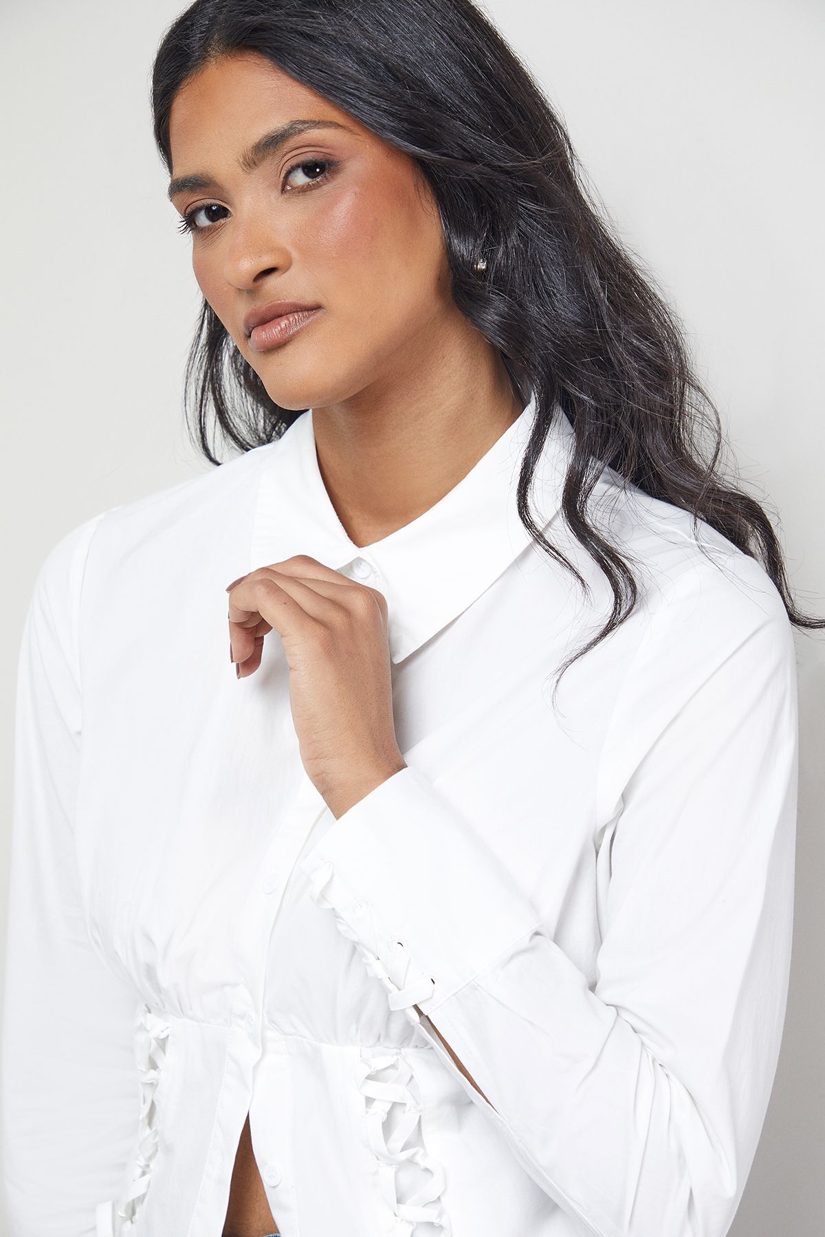 Warehouse Cotton Lattice Front Fitted Waist Shirt White image 4