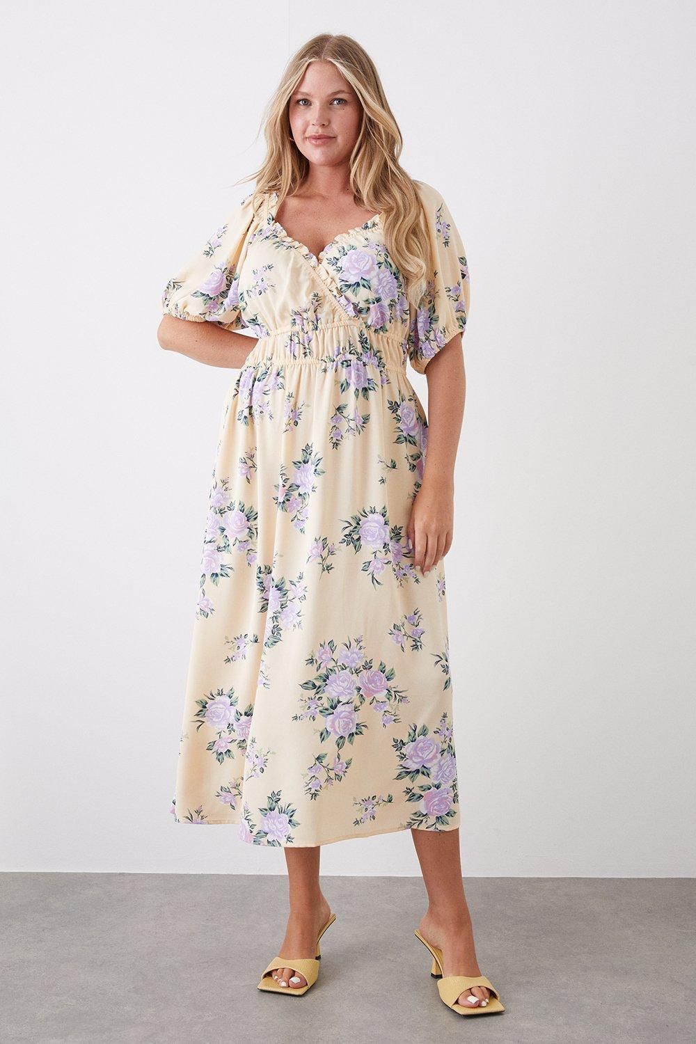 Dorothy Perkins Curve Purple Floral Ruched Waist Wrap Front Midi Dress Purple image 1