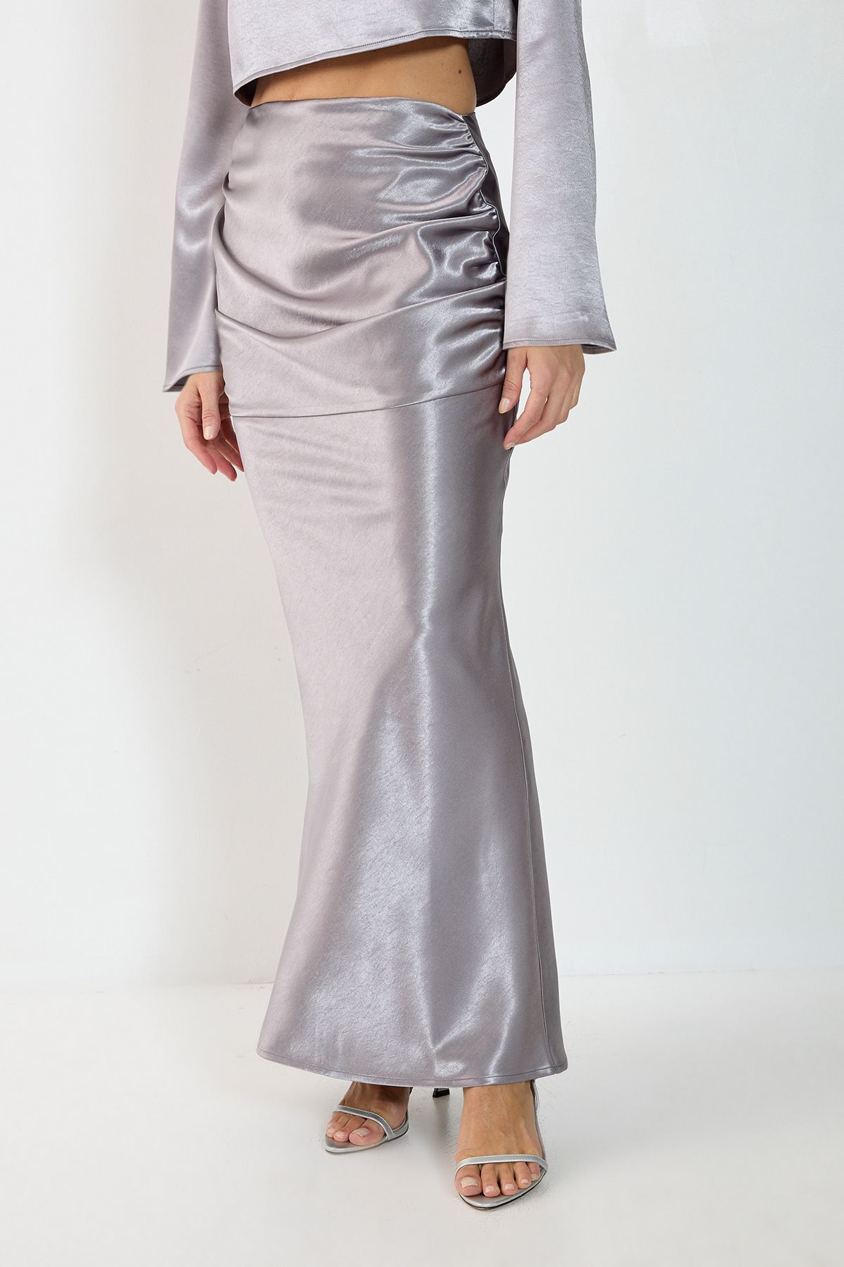 NastyGal Satin Ruched Maxi Skirt Silver image 2