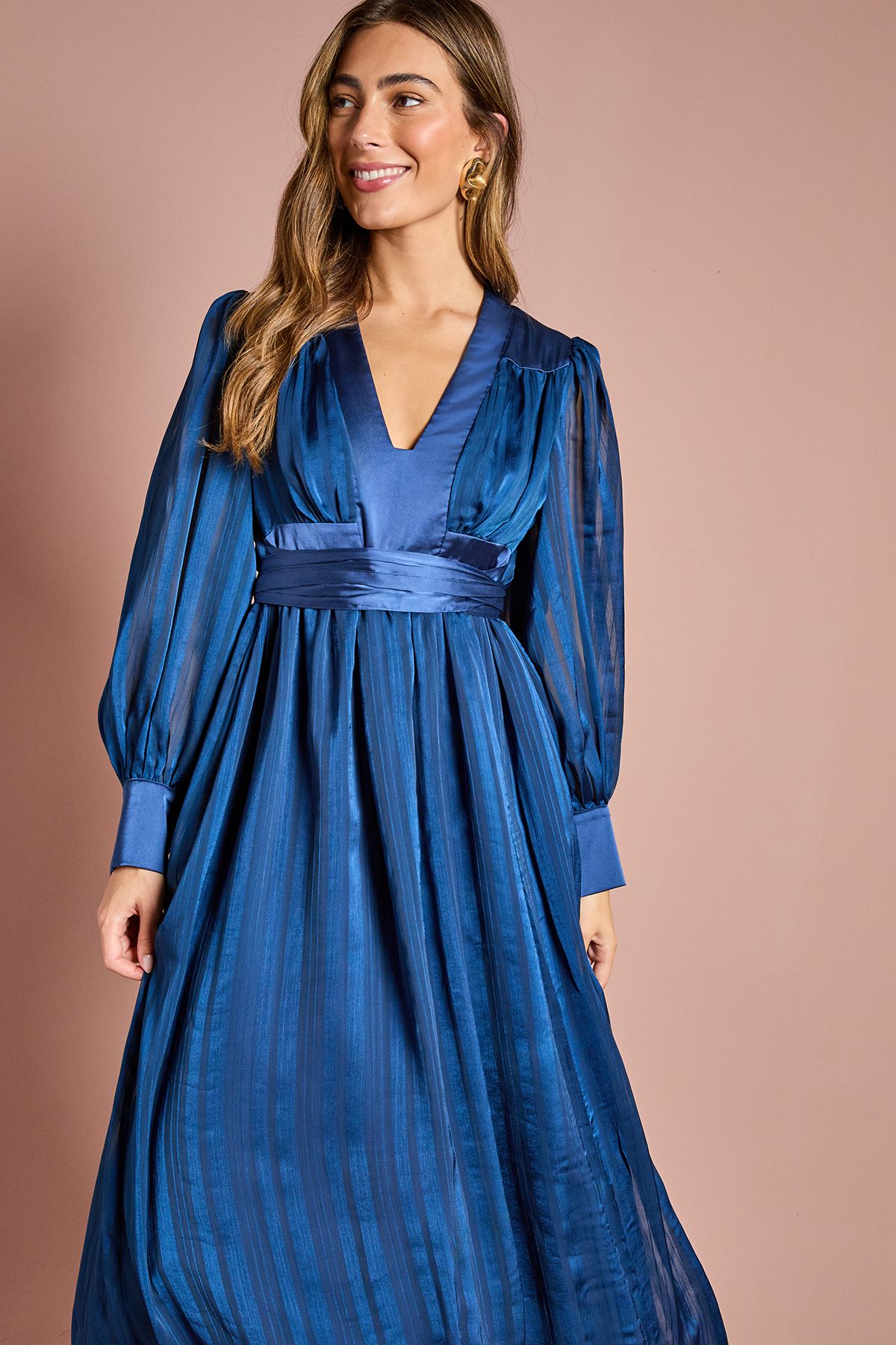 Coast Long Sleeve Stripe Jacquard Maxi V Neck Dress Navy image 2