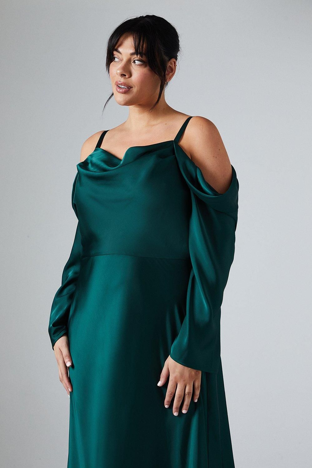 Coast Plus Size Long Sleeve Cowl Neck Satin Bridesmaid Dress Emerald image 2