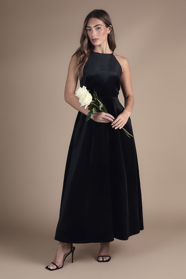 Coast Velvet Halterneck Bow Back Maxi Bridesmaid Dress Black