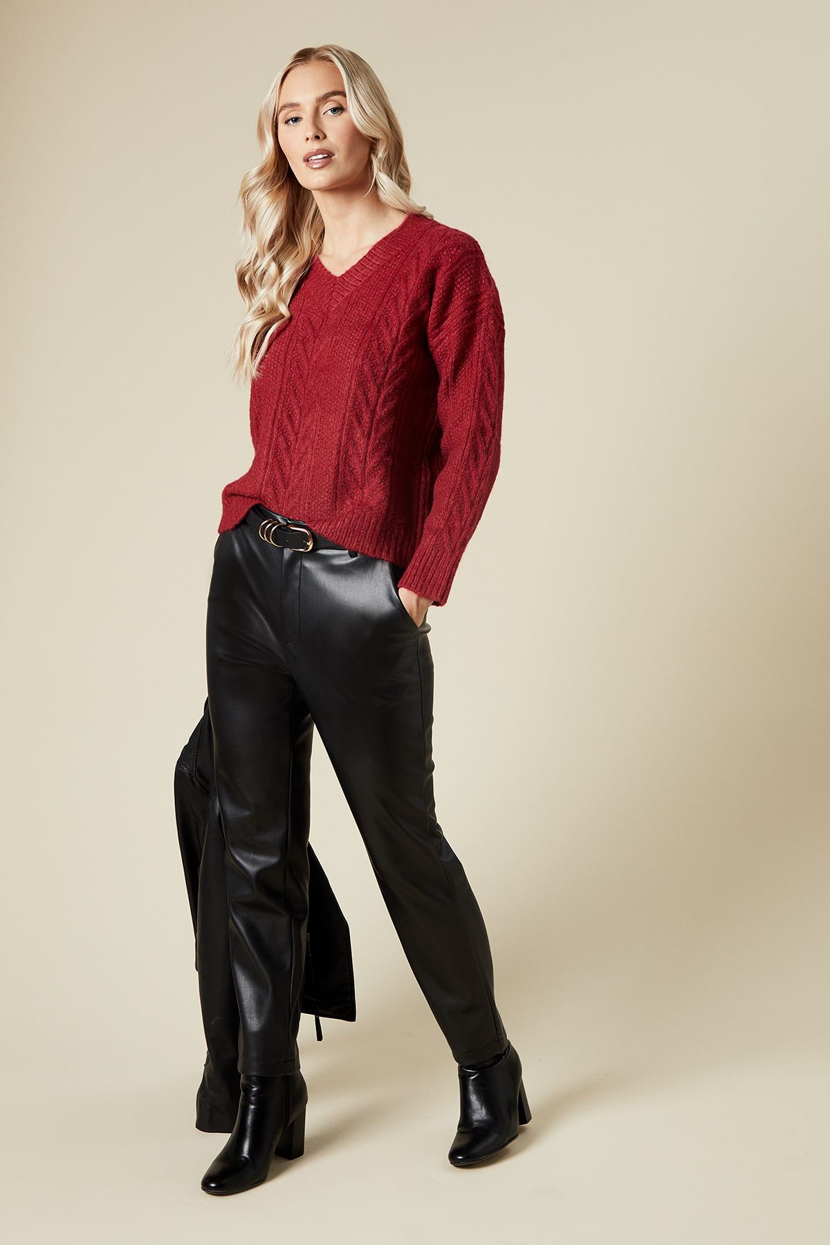 Dorothy Perkins Cable V Neck Jumper Red image 2