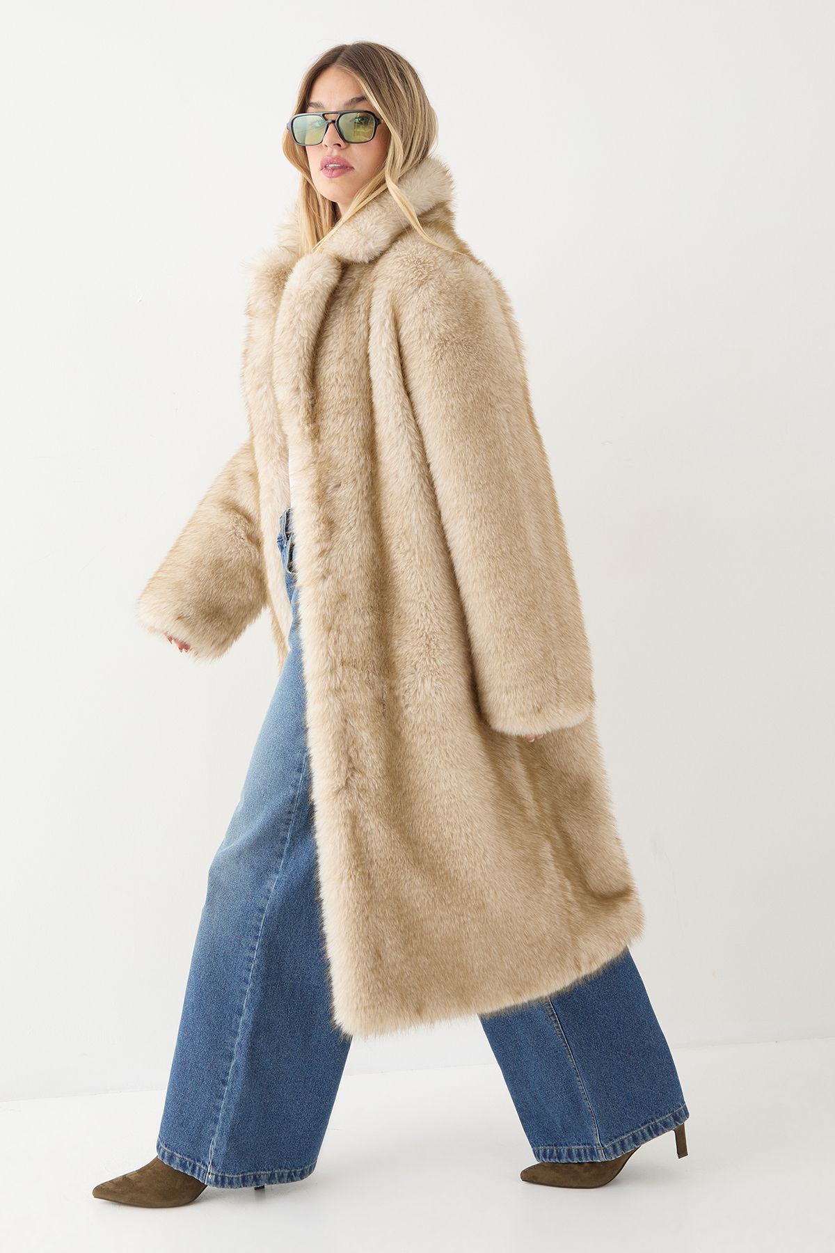 MissPap Collared Faux Fur Longline Coat Taupe image 4