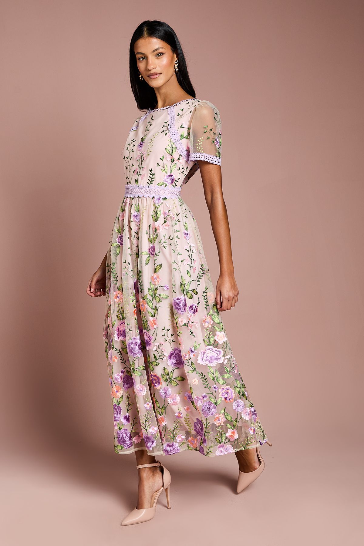 Coast Petite Lace Trim Detail Embroidered Mesh Midi Dress Blush