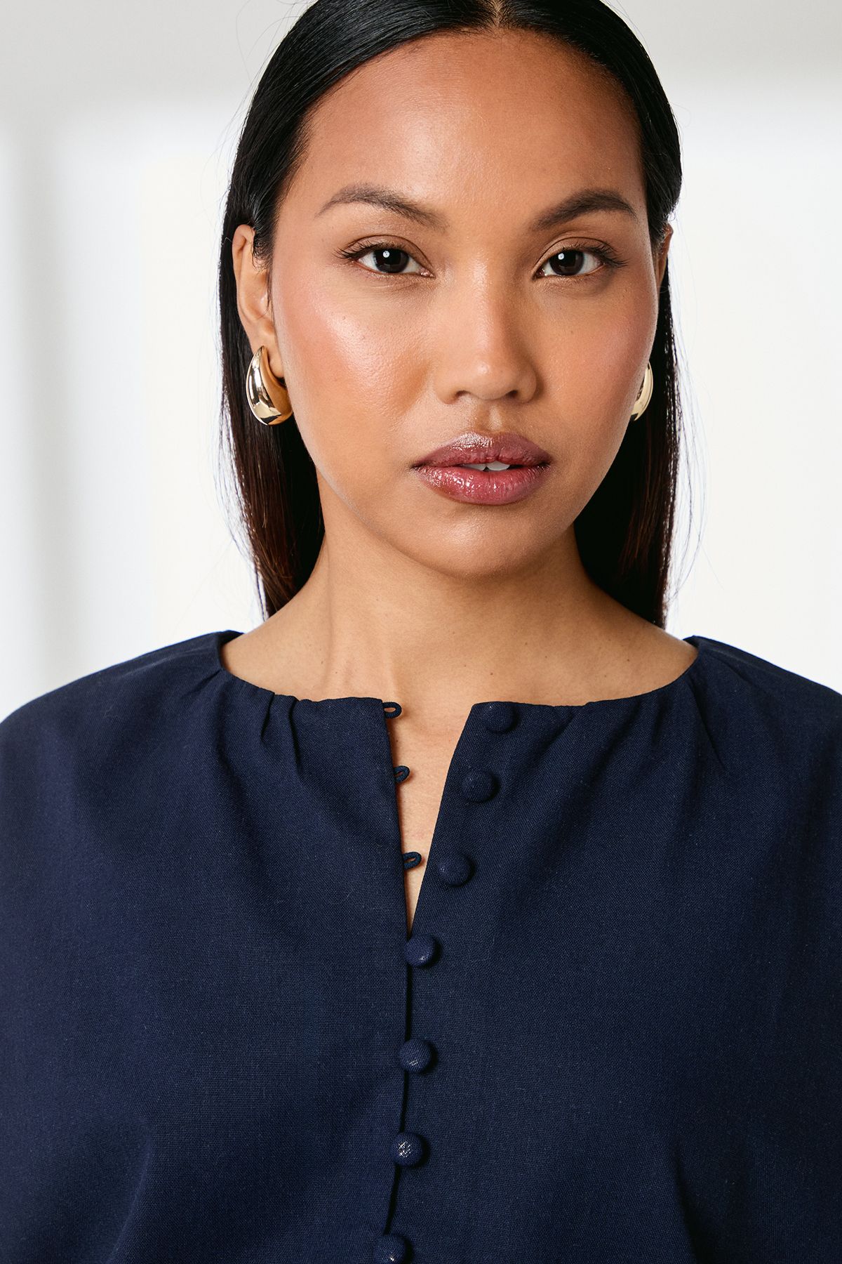 Principles Puff Sleeve Button Front Linen Shirt Navy image 4