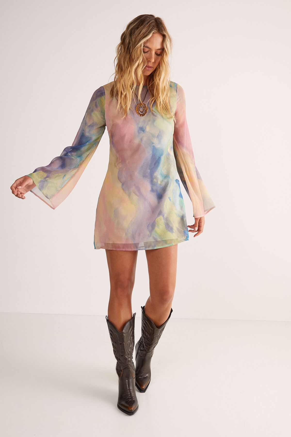 NastyGal Chiffon Marble Print Flared Sleeve Tunic Mini Dress Multi image 2
