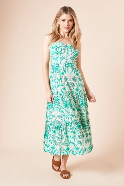Dorothy Perkins Green Palm Twist Detail Strappy Tiered Midi Dress Green