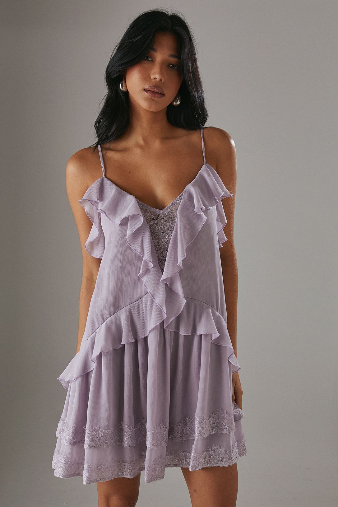 Warehouse Chiffon Strappy Lace Insert Smock Mini Dress Lilac image 1