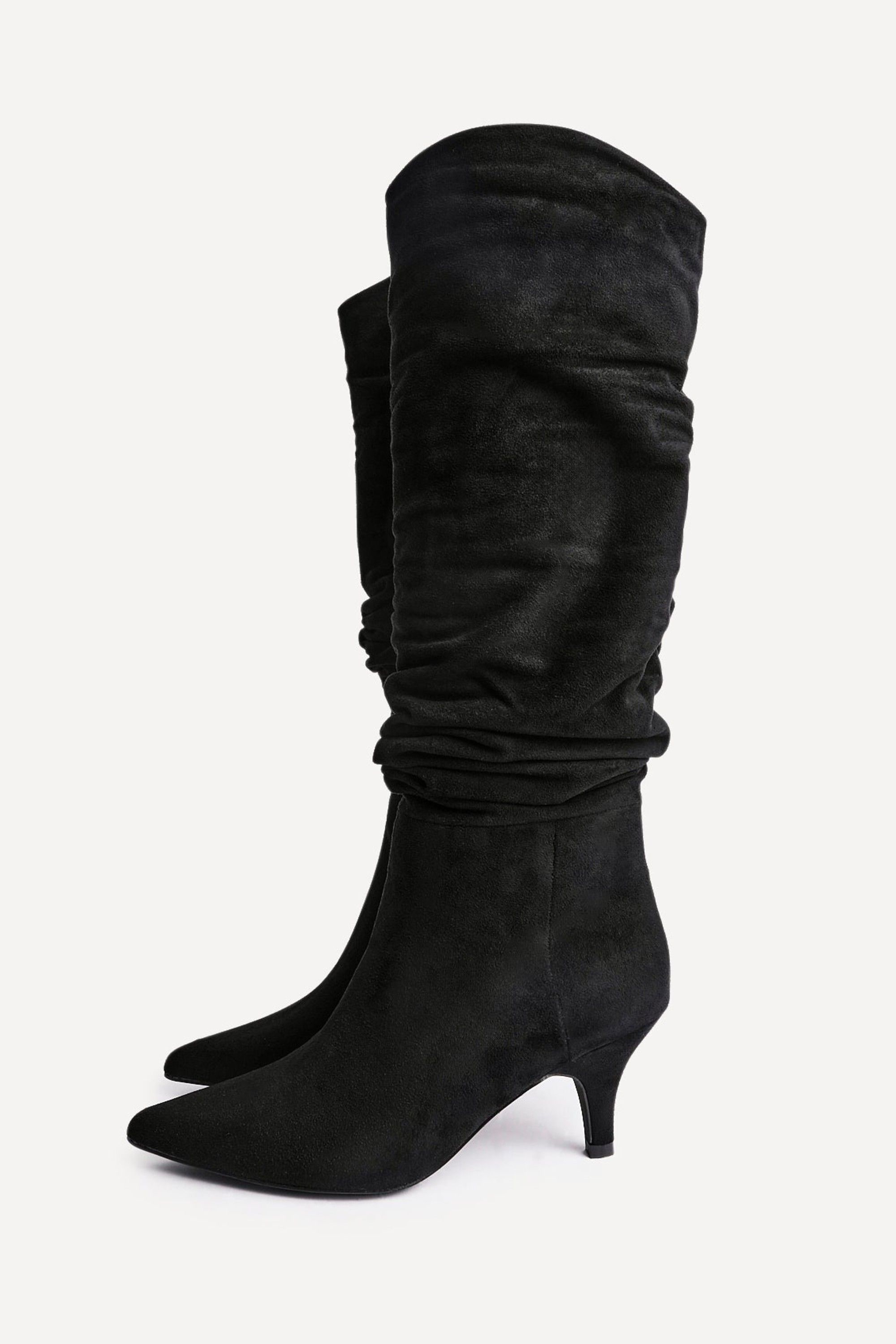 Linzi Esteem Black Faux Suede Ruched Kitten Heel Knee High Boot image 4
