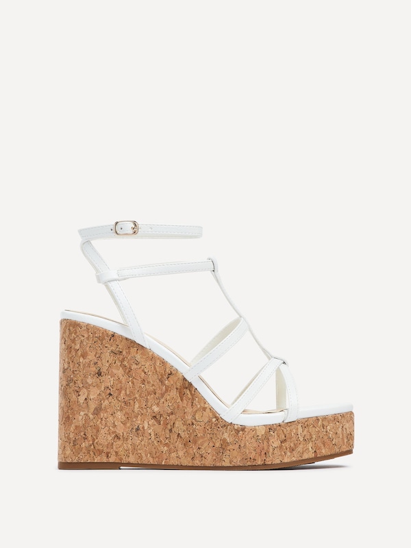 Linzi Barbados White Faux Leather Square Toe Strappy Cork Wedge
