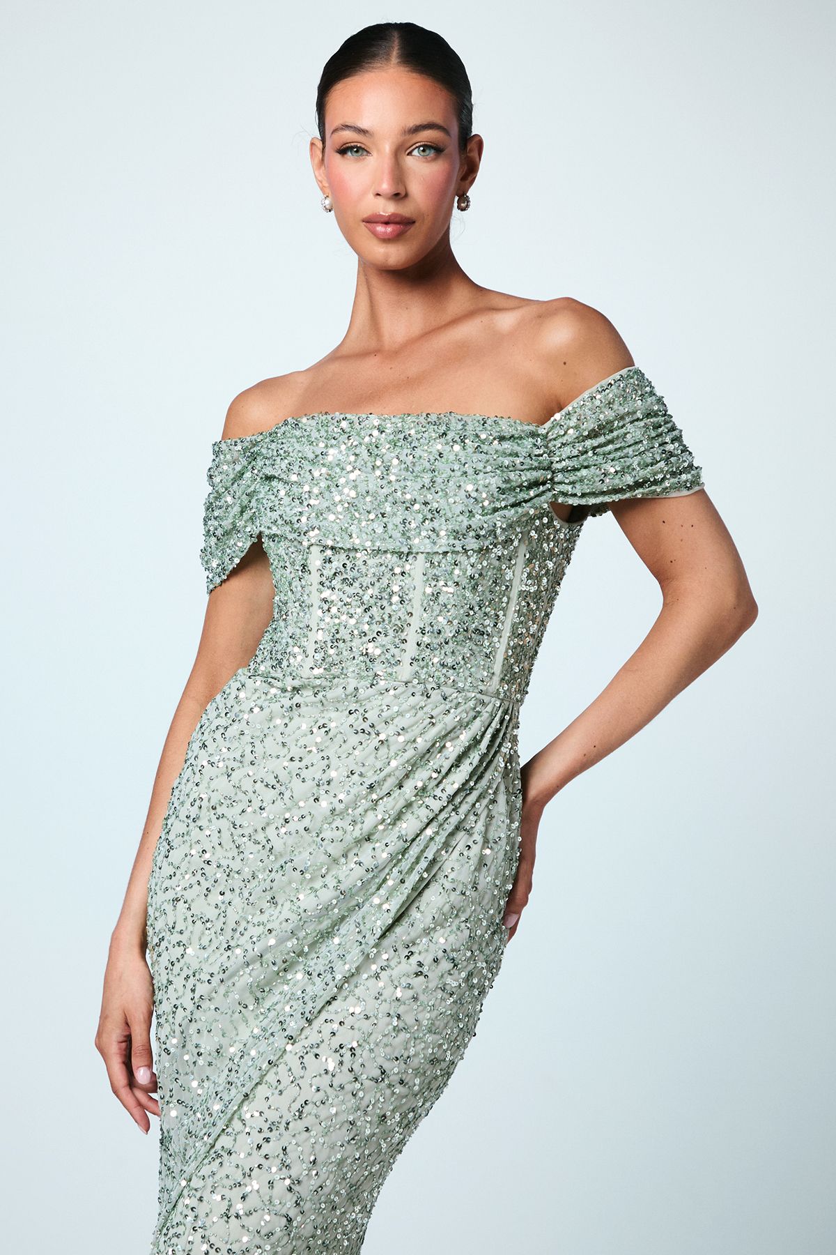 Coast Sequin Bardot Maxi Bridesmaid Dress Sage image 2